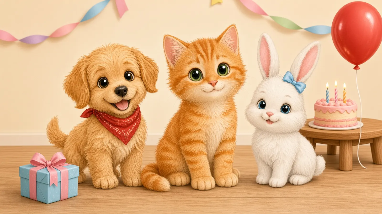 Michu, un gatito naranja, con sus amigos Toby y Hoppy en una fiesta de cumpleaños.